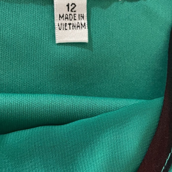 GREEN Trapeze chiffon overlay DRESS  SLEEVELESS HIGH LOW paint brush pattern 12 - Picture 8 of 10